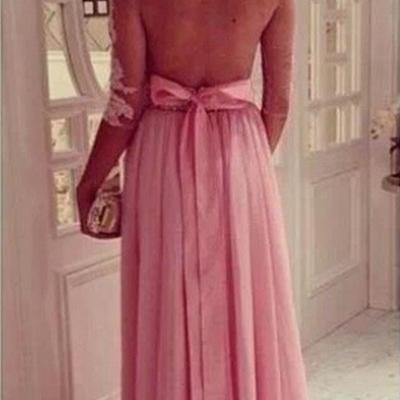 2015 Elegant Prom Dress Chiffon Lace Sheer Crew Neck Half Sleeve