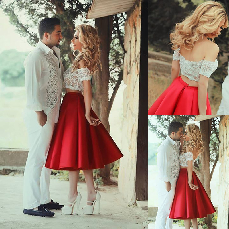 2015 Two Pieces Prom Dresses Off-shoulder Short Sleeves Formal Gowns Satin Skirt Lace Appliqued Evening Dresses Tea-length Prom Dresses