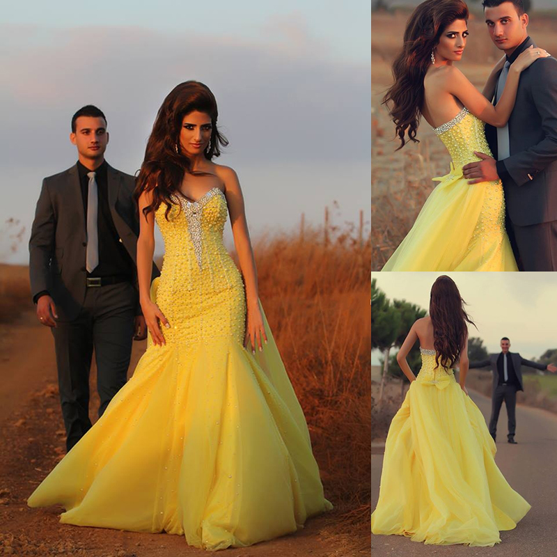 Wholesale 2015 Evening Gowns Sweetheart Neckline Stones Crystal Beaded Pearls Tulle Skirt Low Back Formal Prom Gowns Engagement Dress Yellow