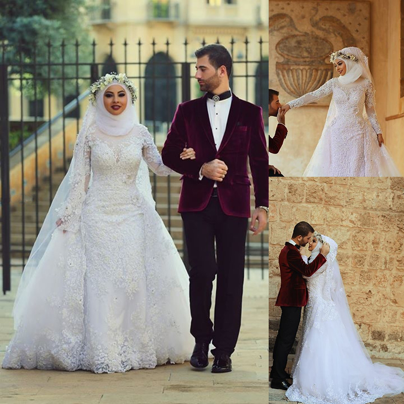Olivia Bridal 2015 Wedding Dresses Arabic Muslim Wedding Gowns With Detgachable Train Lace Appliqued Long Sleeves Hijab Wedding Dresses
