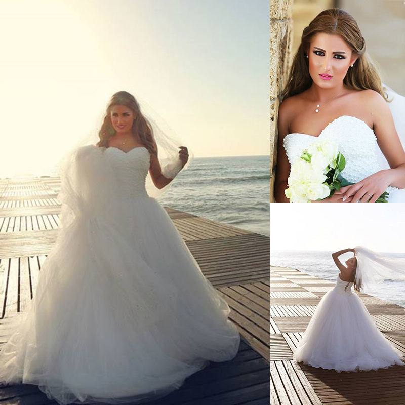 2015 Vestidos De Noivas Balll Gown Sweetheart Neckline Pearls Bodice Beaded Tulle Skirt Basque Bridal Gowns Vintage Wedding Dress