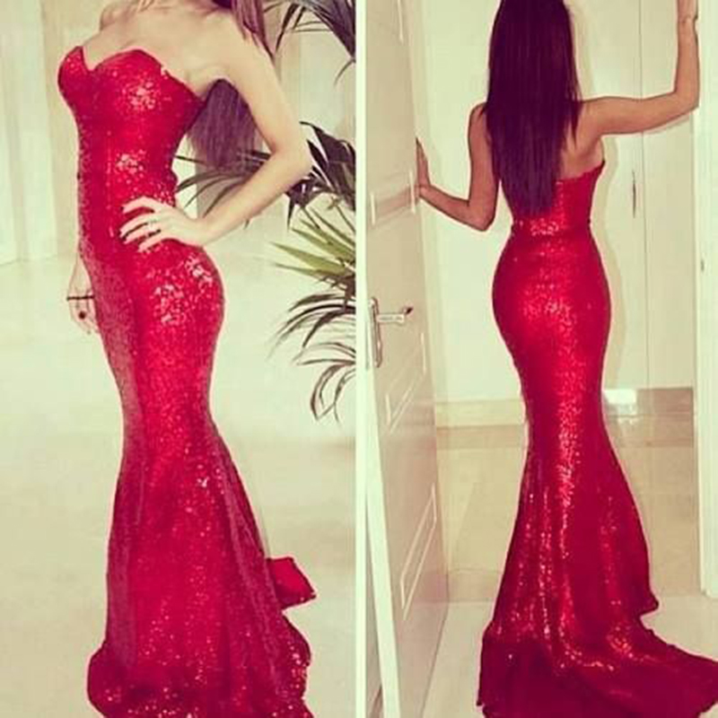 2015 Red Prom Dresses Mermaid Full Sequin Sweetheart Backless Sleeveless Sweep Train Shiny Evening Gowns
