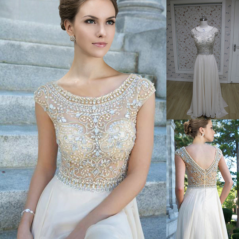 2015 Crystals Prom Dresses Crew Neck Beading Lace Sheer Cap Sleeves Sheath Chiffon Backless Zipper Floor Length Gowns