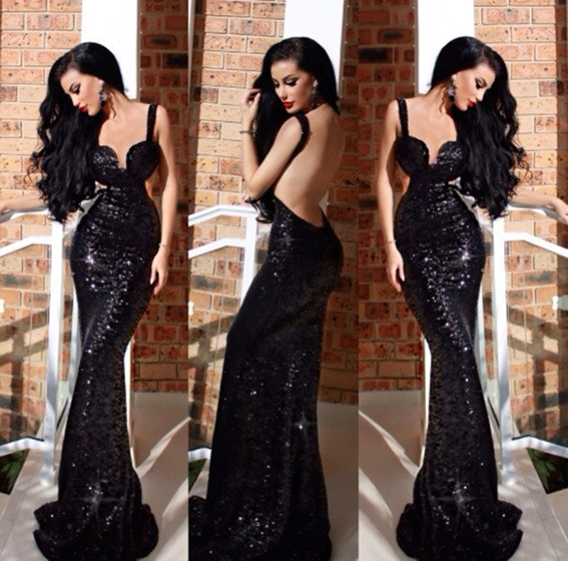Made To Order Sexy Black Deep Neckline Mermaid Sequined Long Prom Dresses Open Back Sweep Train Evening Gowns